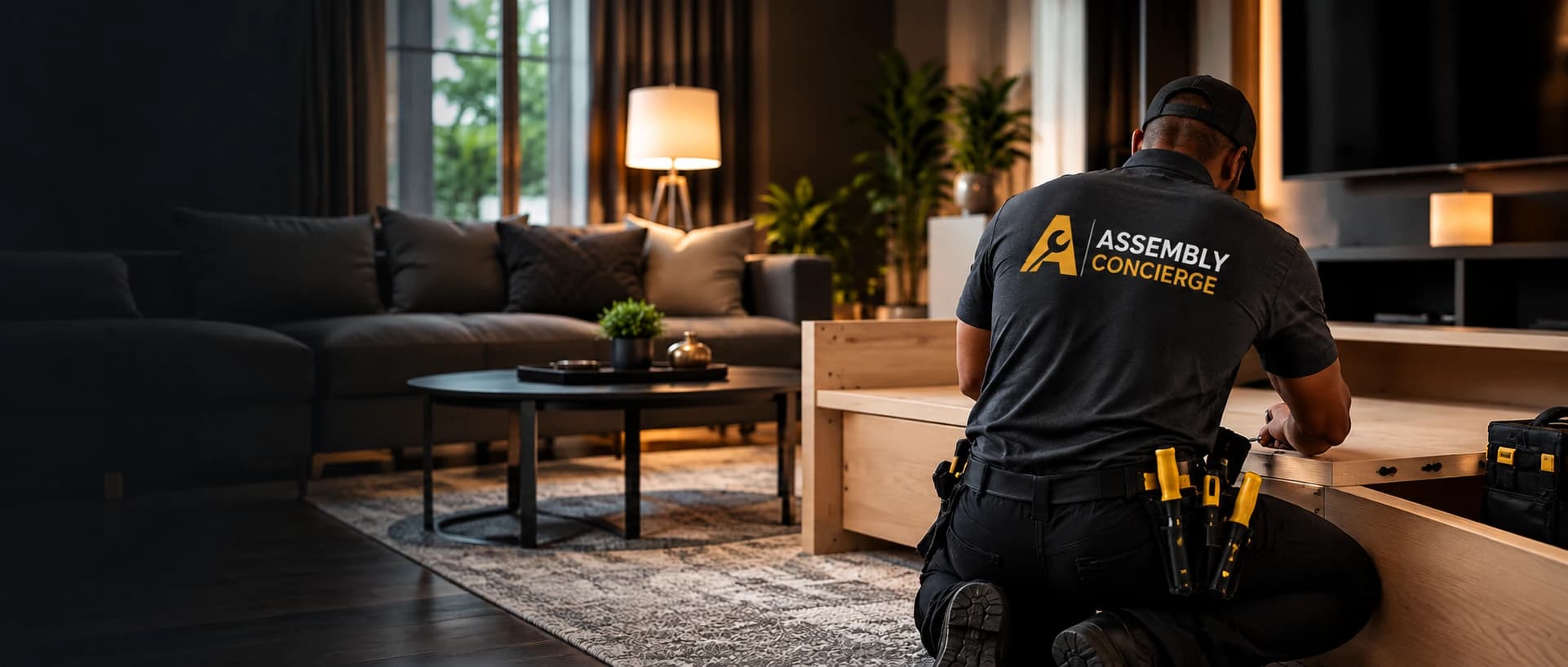 Assembly technician working on furniture in a modern living room