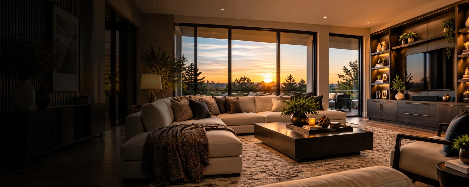 Furnished living room with a sectional sofa, coffee table, and built-in shelving at sunset
