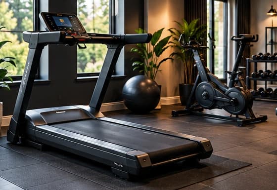Modern home fitness space with a treadmill, stationary bike, and weights