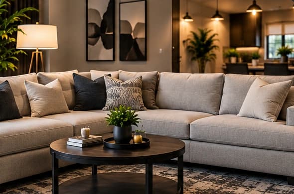 Modern living room furnished with a finished sofa and coffee table