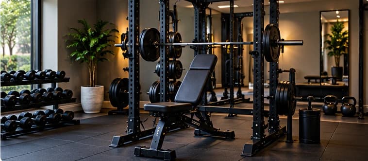 Fully assembled strength-training rack and weights in a home gym