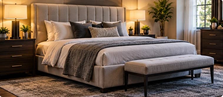 Fully assembled upholstered bed in a refined bedroom