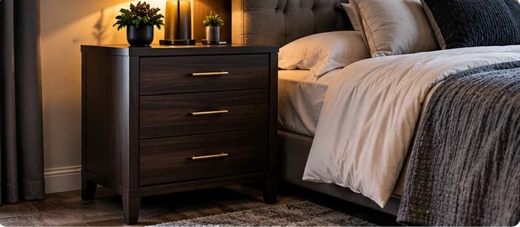 Finished dark wood bedside cabinet in a furnished bedroom
