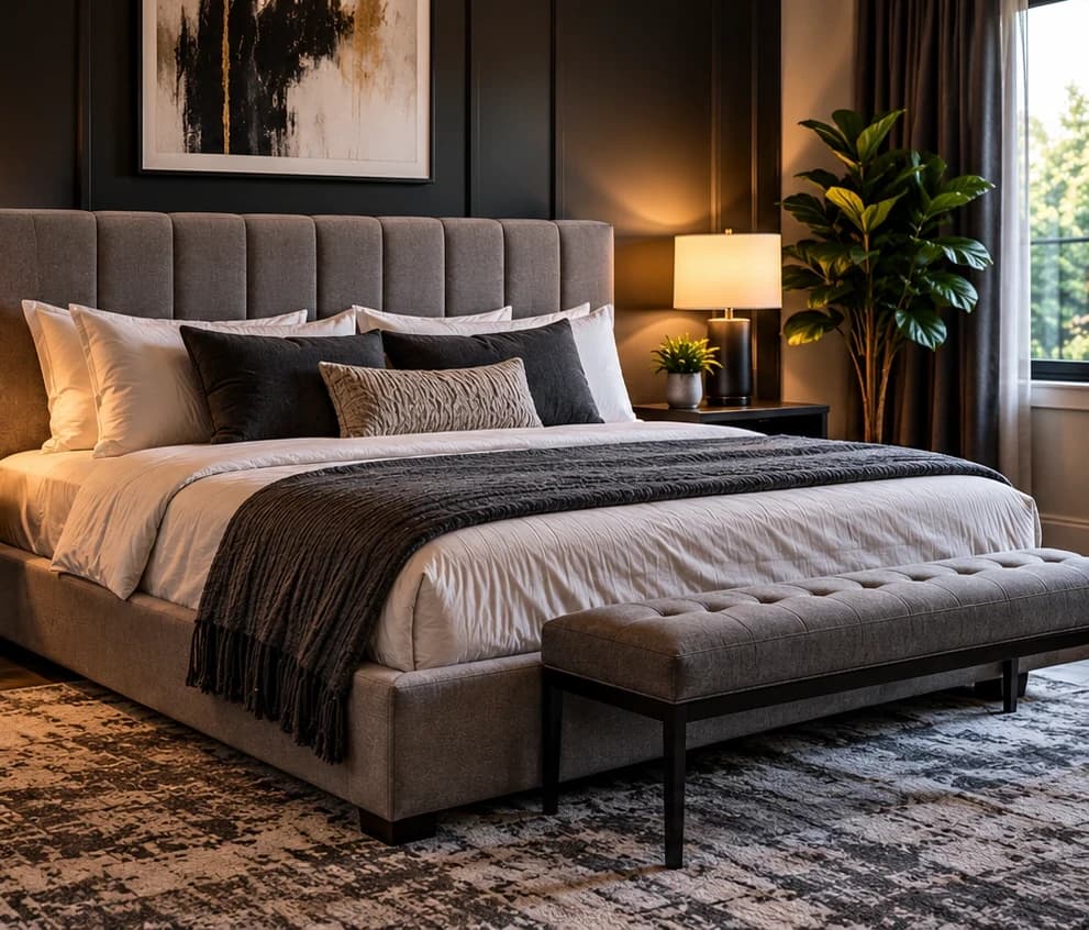 Modern bedroom with an upholstered bed and coordinated furnishings.